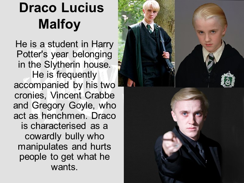 Draco Lucius Malfoy    He is a student in Harry Potter's year